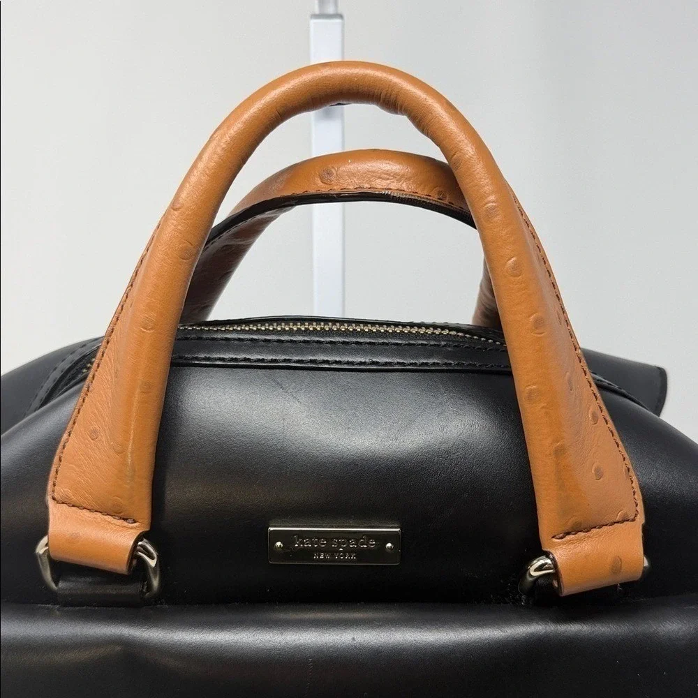 Kate Spade Bow Bridge Kennedy Satchel Black Leather Ostrich Trim Crossbody Bag